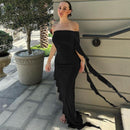 Off-shoulder Backless Sleeveless Ruffle Thigh High Split Maxi Dress, ibuyxi.com