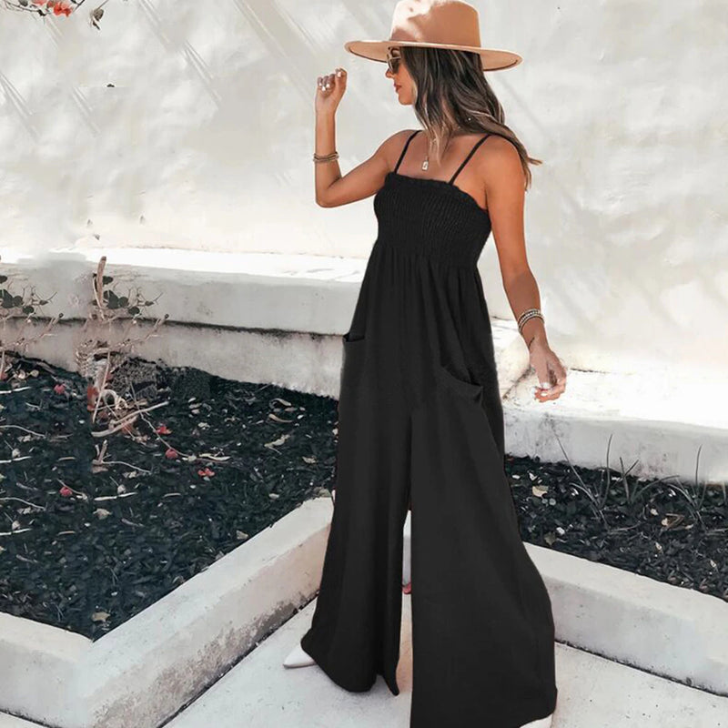 Square Neck Smocking Jumpsuit For Woman Black Casual Thin Straps Wide Leg Pants Playsuit 2023 Summer Loose Overalls Rompers, ibuyxi.com