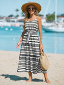 Geo Print Belted Maxi Dress For Women Sexy V-neck Spaghetti Straps Holiday Beach A-line Dress 2023 Summer Female Sundress, ibuyxi.com