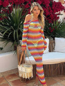 Long Sleeve Colorful Contrast Hollow Knit Maxi Dress, ibuyxi.com