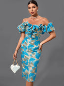 Blue Jacquard Bandage Midi Bodycon Dress, ibuyxi.com