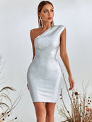 Elegant Metallic One Shoulder Mini Dress, ibuyxi.com
