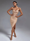 Elegant Nude Crystal Midi Bodycon Outfit, iBuyxi.com