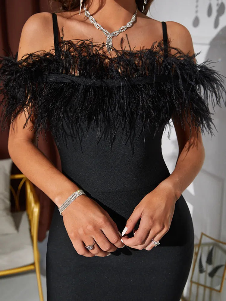 Black Feather Off Shoulder Mini Bodycon Dress, ibuyxi.com