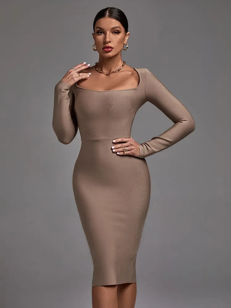 Khaki Long Sleeve Bandage Evening Dress