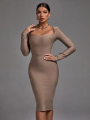 Khaki Long Sleeve Bandage Evening Dress