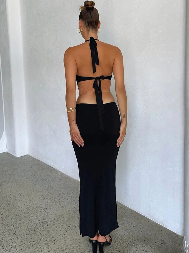 Halter V Neck Sleeveless Maxi Perfect Outfit - view 4