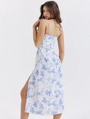 Motion Elegant Blue Print Split Midi Bodycon Dress, ibuyxi.com