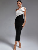 One Shoulder Maxi Bodycon Dress with Color Block, ibuyxi.com