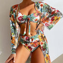 Floral Printed Three Piece Swimsuit Bikini Set, ibuyxi.com