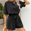 Black Belted Backless Romper For Women Sexy Boat Neck Short Sleeve Short Playsuit 2023 Spring Summer Bodysuit Jumpsuit Overalls, ibuyxi.com