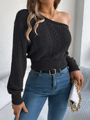 Off Shoulder Long Sleeved Knitted Pullover Sweater