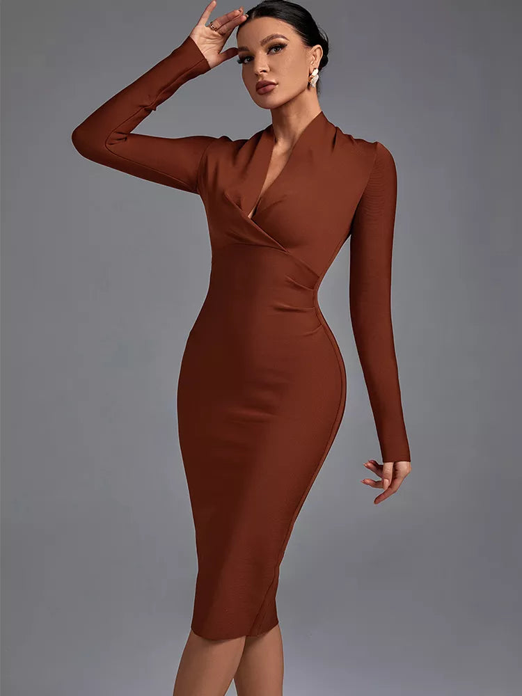 Elegant Draped Long Sleeve Midi Bandage Dress