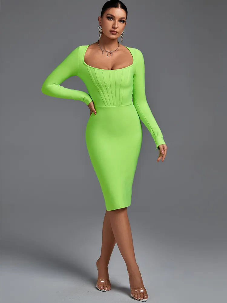 Green Bodycon Long Sleeve Bandage Midi Dress, iBuyxi.com