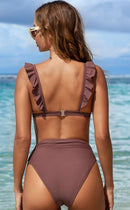 Two Piece V Neck Ruffled High Waist Bikini Set, ibuyxi.com