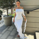 Off-shoulder Backless Sleeveless Ruffle Thigh High Split Maxi Dress, ibuyxi.com