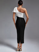 One Shoulder Maxi Bodycon Dress with Color Block, ibuyxi.com