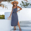 Navy Striped Drawstring Waist Maxi Dress For Women Sexy Scoop Neck Holiday Loose Casual A-line Dress 2023 Summer Female Sundress, ibuyxi.com