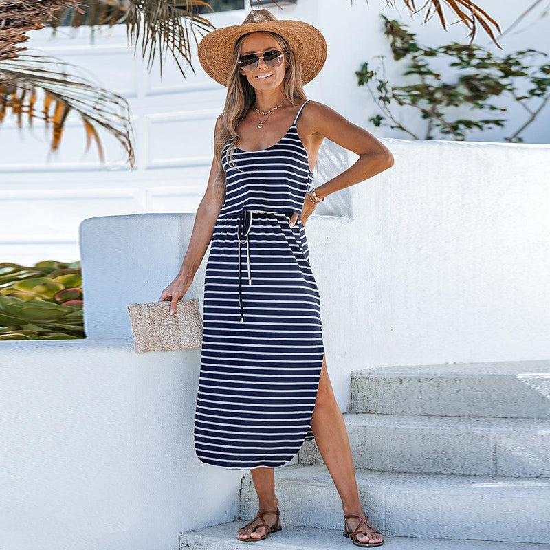 Navy Striped Drawstring Waist Scoop Neck A-Line Maxi Sundress | iBuyXi Navy Blue / S Navy Striped Drawstring Waist Scoop Neck A-Line Maxi Sundress | iBuyXi Navy Blue / S