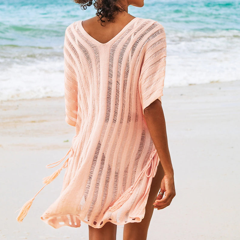 MISS PETAL Pink V neck Crochet Mini Dress Sexy Bat Sleeve Loose Casual Hollow Out T-shirt Dress 2023 Beach Bikini Cover Up, ibuyxi.com