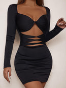 Hollow Out Ruched Strapless Full Sleeve Bodycon Party Mini Dress, ibuyxi.com