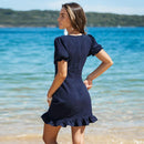 Navy Blue Ladder Cutout Mini Dress For Women Sexy Puff Short Sleeve Holiday Beach A-line Bodycon Dress 2023 Summer Female Dress, ibuyxi.com