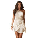 One Shoulder Draped Sash Mini Dress For Women Sexy Beach Holiday A-line Bodycon Dress 2023 Summer Sundress, ibuyxi.com
