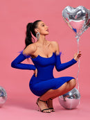 Blue Feather Off Shoulder Bandage Dress, ibuyxi.com