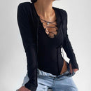 Bandage Tie Front Long Sleeve Ribbed Knit Solid Bodysuit, ibuyxi.com