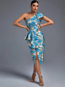 Elegant Blue One Shoulder Midi Bodycon Dress, ibuyxi.com