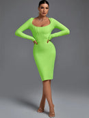 Green Bodycon Long Sleeve Bandage Midi Dress, iBuyxi.com