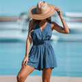 Blue V-neck Sleeveless Romper For Women Sexy Loose High Waist Short Playsuit One-piece 2023 Summer Bodysuit Jumpsuit Overalls, ibuyxi.com