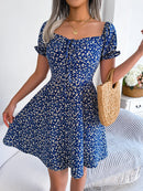 Ruffles Short Sleeve Floral Print A Line Dress