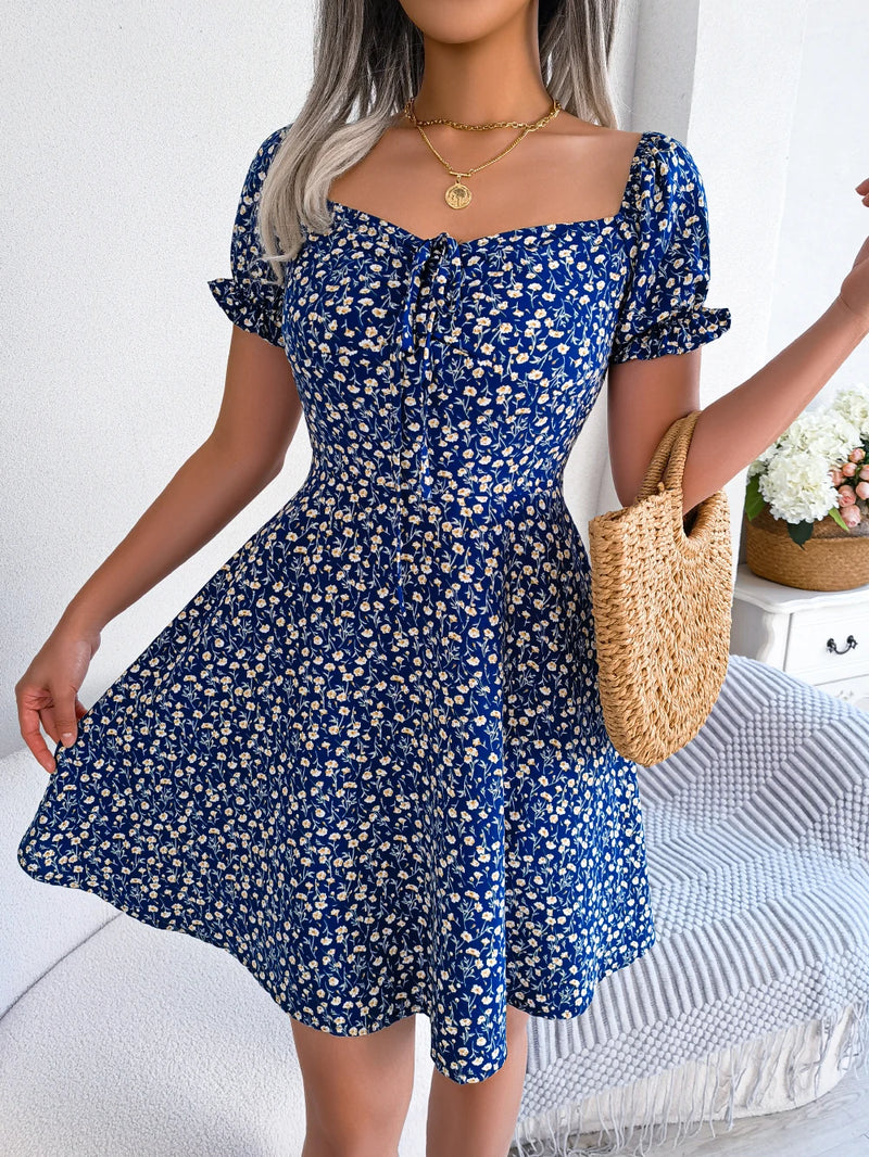 Ruffles Short Sleeve Floral Print A Line Dress