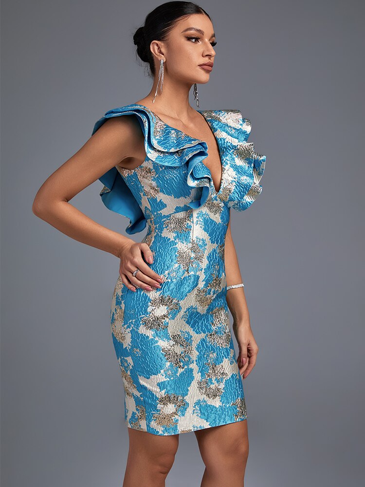 Blue Ruffle Jacquard Dress with Backless Midi, ibuyxi.com