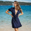 Navy Blue Ladder Cutout Mini Dress For Women Sexy Puff Short Sleeve Holiday Beach A-line Bodycon Dress 2023 Summer Female Dress, ibuyxi.com