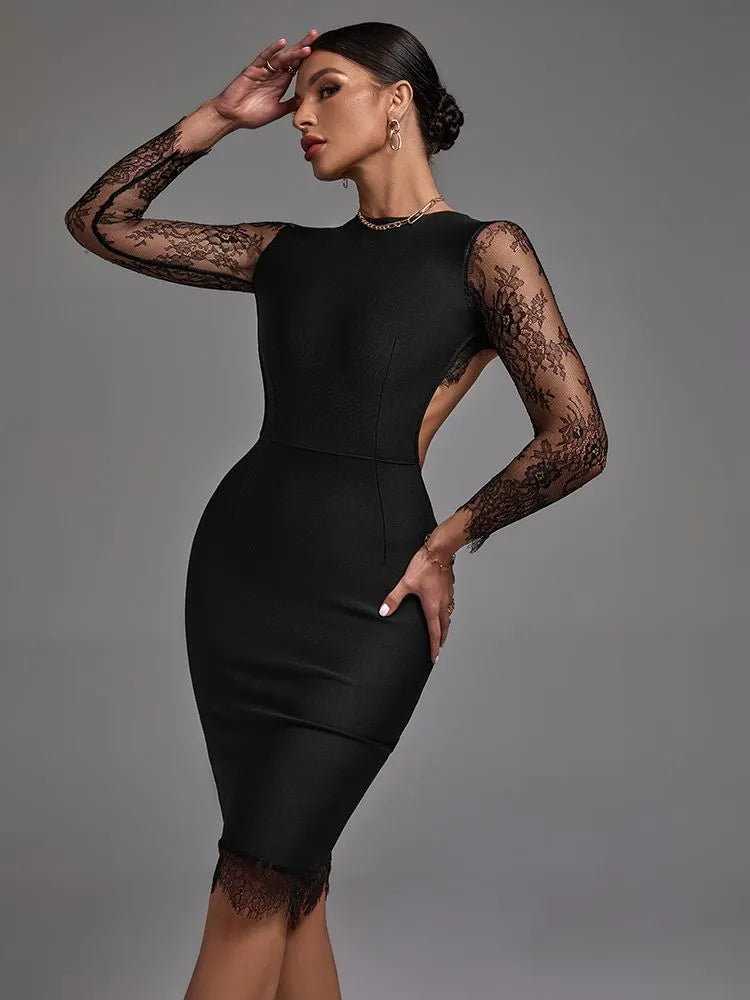 Black Lace Backless Long Sleeve Bodycon Midi Dress