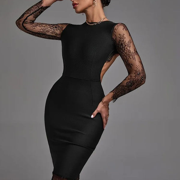 Black Lace Backless Long Sleeve Bodycon Midi Dress | iBuyXi.com Black / XS Black Lace Backless Long Sleeve Bodycon Midi Dress | iBuyXi.com Black / XS