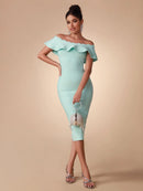 New Elegant Off Shoulder Ruffle Midi Bandage Dress, ibuyxi.com