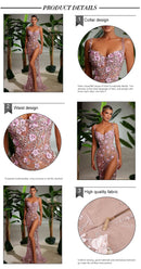 Product details of a pink evening gown with embellishments.