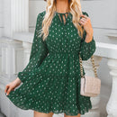 Green Speckled Print Tie Neck Chiffon Mini Dress For Women Sexy Ruffled Long Sleeve A-line Dress 2023 Spring Autumn Female Dress, ibuyxi.com