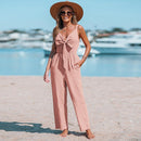 Cotton Bow V-Neck Wide Straps Jumpsuit For Women Sexy Straight Leg Long Playsuit 2023 Summer Overalls Romper Jumpsuit, ibuyxi.com