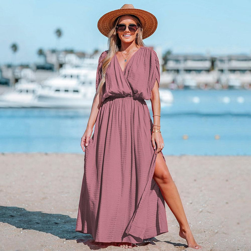 Surplice Ruched Elasticized Waist Short Sleeve A-line Maxi Sundress | iBuyXi Teal / S Surplice Ruched Elasticized Waist Short Sleeve A-line Maxi Sundress | iBuyXi Teal / S