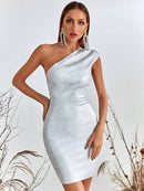 Elegant Metallic One Shoulder Mini Dress, ibuyxi.com