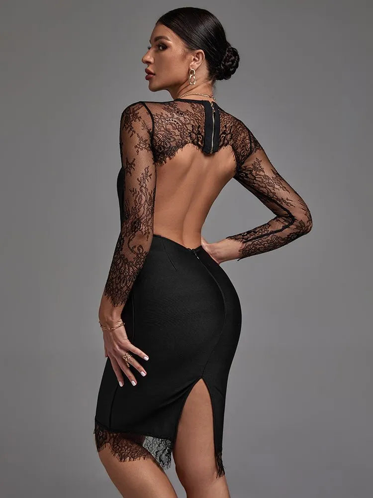 Black Lace Backless Long Sleeve Bodycon Midi Dress Black / XS