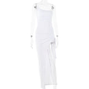 Articat Drawstring High Slit Dress Women Sexy One Shoulder Slim Elastic Maxi Bodycon Party Pleated Vestidos Female Dresses, ibuyxi.com