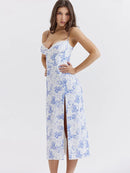 Motion Elegant Blue Print Split Midi Bodycon Dress, ibuyxi.com