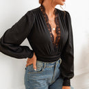 MISS PETAL Plunge Neck Lace Bodysuit For Woman Solid Black Sexy Long Sleeve Bodysuit Jumpsuits 2023 Female Spring Autumn Rompers, ibuyxi.com
