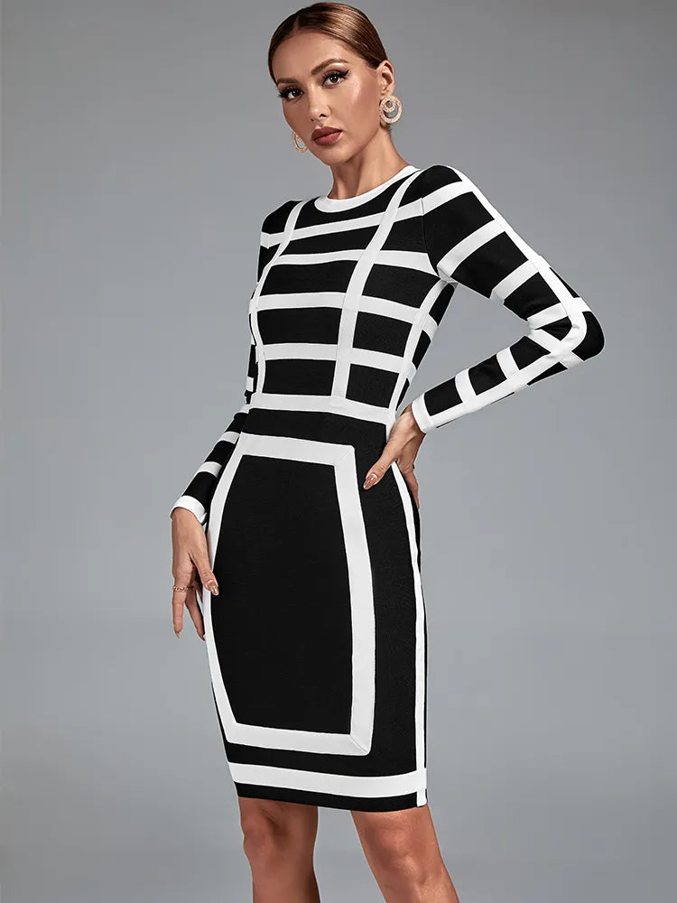 Elegant Black And White Long Sleeve Midi Dress, iBuyxi.com