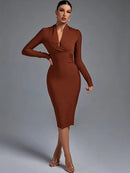Elegant Draped Long Sleeve Midi Bandage Dress, ibuyxi.com